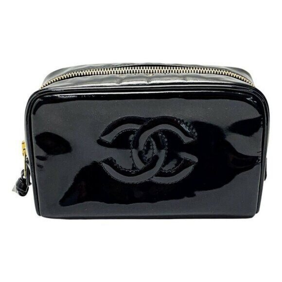 CHANEL Handbags - Authentic CHANEL CC Patent Leather Vanity Cosmetic Makeup Case Pouch Black Bag